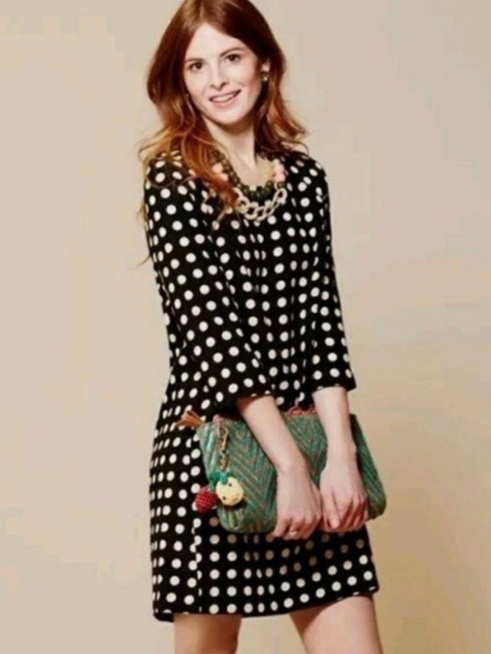 Anthropologie Retro Black White Polka Dot Long Sleeve Shift Dress S